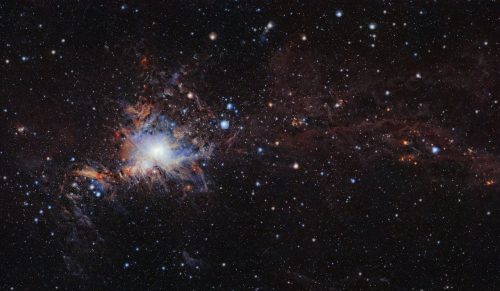 This image from the VISTA infrared survey telescope at ESO’s Paranal Observatory in northern Chile is part of the largest infrared high-resolution mosaic of Orion ever created. It covers the Orion A molecular cloud, the nearest known massive star factory, lying about 1350 light-years from Earth, and reveals many young stars and other objects normally buried deep inside the dusty clouds.