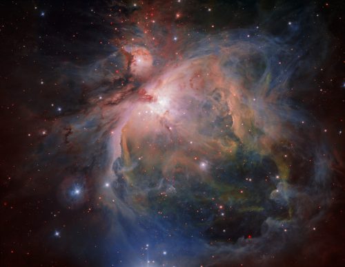 OmegaCAM — the wide-field optical camera on ESO’s VLT Survey Telescope (VST) — has captured the spectacular Orion Nebula and its associated cluster of young stars in great detail, producing this beautiful new image. This famous object, the birthplace of many massive stars, is one of the closest stellar nurseries, at a distance of about 1350 light-years.